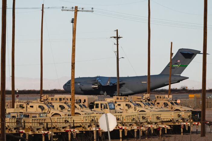 A United States Air Force Boeing C-17 used for deportation flights is pictured at Biggs Army Airfield in Fort Bliss, El Paso, Texas in February 2025.