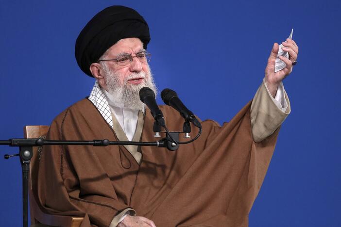 In this photo released by the official website of the office of the Iranian supreme leader, Supreme Leader Ayatollah Ali Khamenei speaks to a group of people and officials in Tehran, Iran, Friday, March 21, 2025.