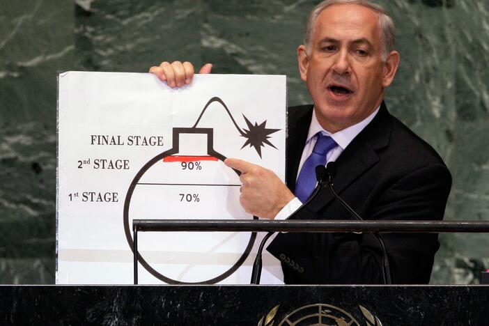 Israeli Prime Minister Benjamin Netanyahu shows an illustration as he describes his concerns over Iran's nuclear ambitions during his address to the 67th session of the United Nations General Assembly at U.N. headquarters, Sept. 27, 2012.