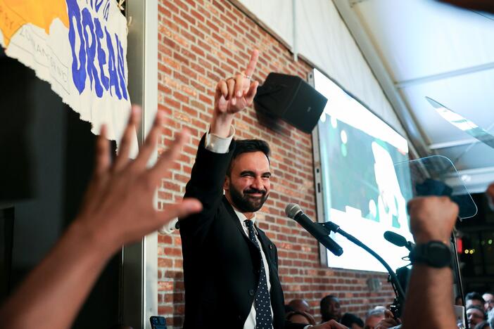 Zohran Mamdani, New York City mayoral candidate, celebrates at an election night event in New York early Wednesday morning as he takes an early lead.