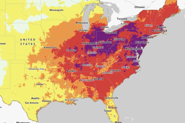 A seven-day "HeatRisk" map from the National Integrated Heat Health Information System shows much of the eastern U.S. in the grip of a heat dome causing extreme high temperatures to linger.