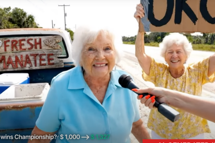 A 30-second ad for Kalshi, an online trading service, presents a string of characters in wild scenarios making their picks for who will win the NBA Finals. All of the video clips were generated by AI.