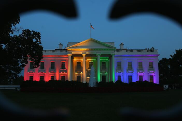 The White House shines with rainbow-colored lights June 26, 2015, celebrating the Supreme Court's ruling that the Constitution guarantees a right to same-sex marriage in all 50 states.