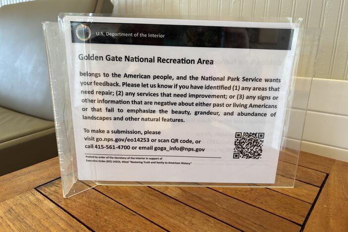 Signs like this one in the Presidio of San Francisco, part of the Golden Gate National Recreation Area, have been going up around the country in response to President Trump's executive order titled "Restoring Truth and Sanity to American History."