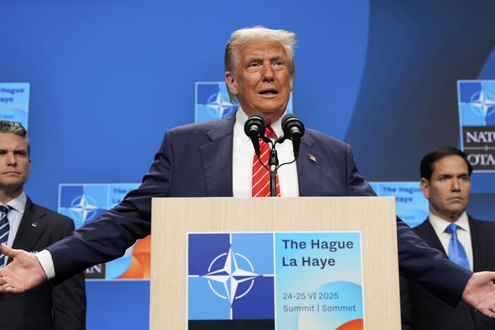 President Donald Trump speaks during a media conference at the end of the NATO summit as Secretary of State Marco Rubio, right, and Defense Secretary Pete Hegseth listen, in The Hague, Netherlands, Wednesday, June 25, 2025.