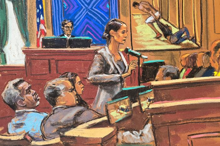 In a courtroom sketch, Sean Combs (left) listens alongside his lawyers Marc Agnifilo and Teny Geragos as Assistant U.S. Attorney Christy Slavik (center) makes her closing arguments as U.S. District Judge Arun Subramanian presides during Combs' sex trafficking trial in New York City.