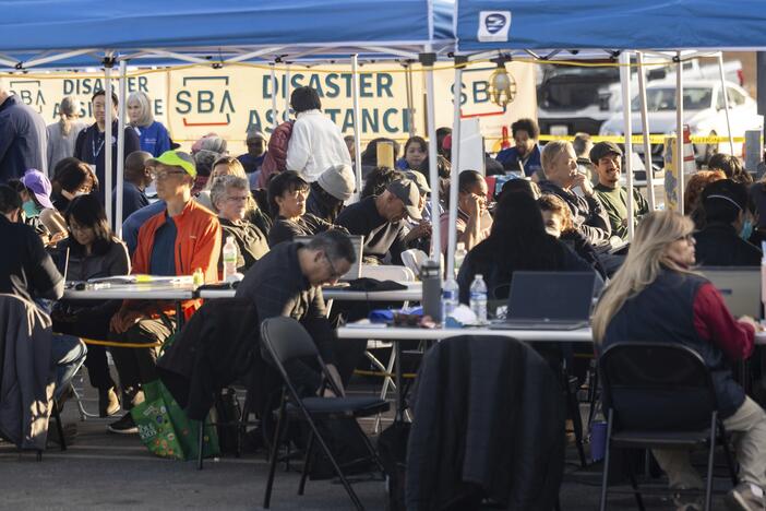 People impacted by wildfires in 2025 seek information and relief at a FEMA Disaster Recovery Center in Pasadena, Calif. The president has said the Federal Emergency Management Agency, FEMA, should be eliminated, and has appointed a group of high level officials to recommend options for restructuring or reforming the agency.