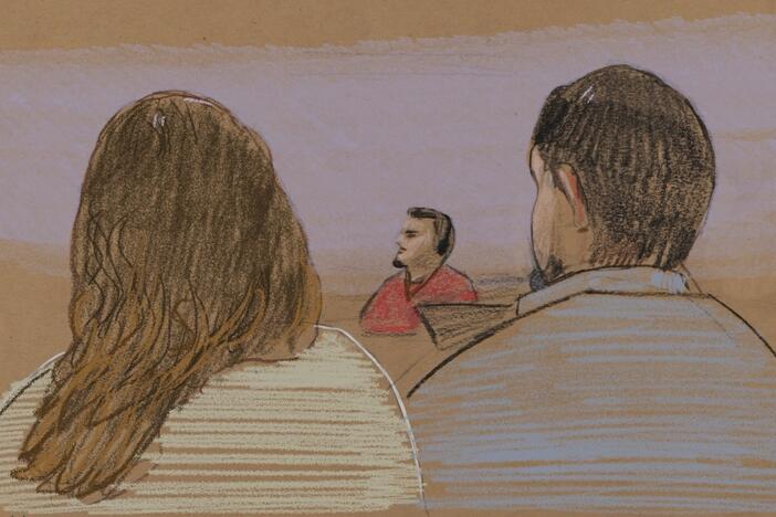 This courtroom sketch depicts Kilmar Abrego Garcia (center) in court during his detention hearing on June 25 in Nashville, Tenn.