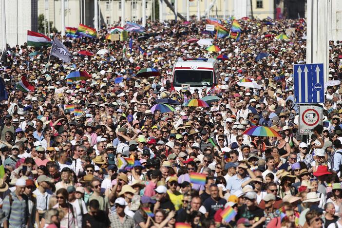 Participants in the Pride march cross the Elisabeth Bridge in Budapest, Hungary, on Saturday.