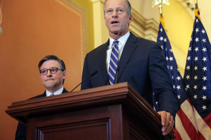Senate Majority Leader John Thune, R-S.D., (R) says he hopes to pass the Senate's massive tax and spending bill this week. If he succeeds, House Speaker Mike Johnson, R-La., (L), will have to sell the bill to holdouts in his own party if he hopes to meet President Trump's goal of signing the bill on July 4.