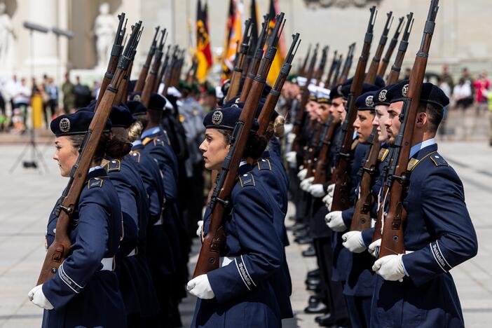 German soldiers participate in a ceremonial roll call on May 22 in Vilnius, Lithuania. Germany, which leads a multinational NATO task force in Lithuania, is in the process of deploying a 5,000-strong brigade to Lithuania on a permanent basis. NATO is strengthening its eastern flank as a deterrent to what it sees as an aggressive Russia.