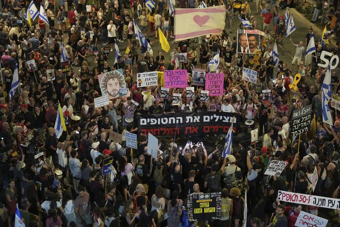 People take part in a protest demanding the end of the war and immediate release of hostages held by Hamas in the Gaza Strip, and against Prime Minister Benjamin Netanyahu's government in Tel Aviv, Israel, Saturday.