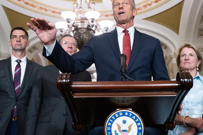 Senate Majority Leader John Thune, R-S.D., speaks with reporters following the weekly Senate Republican luncheon at the Capitol in Washington, DC, on June 24. Senate Republicans are working to quickly pass the 'One Big, Beautiful Bill," President Trump's signature legislation.
