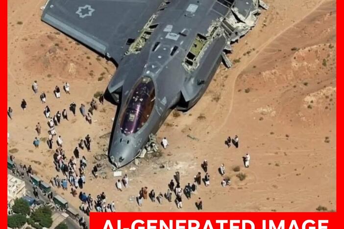 An AI-generated image of a fighter plane shot down in Iran that was published on a parody account on X. Users repeatedly asked the platform's AI chatbot, Grok, if the image was real.
