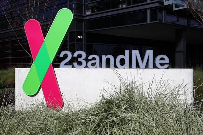 A sign is posted in front of the 23andMe headquarters on February 01, 2024 in Sunnyvale, California.