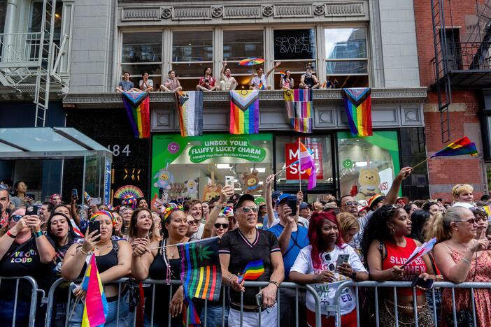 Crowds watch as people take part in the 2025 NYC Pride March on Sunday in New York City.