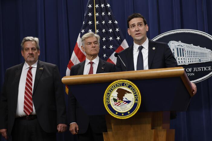 Matthew Galeotti, head of the Justice Department's Criminal Division, delivers remarks during a press conference at the Department of Justice on June 30. Galeotti is shown with Assistant Administrator of the Drug Enforcement Agency Thomas Prevoznik and Administrator for the Centers for Medicare and Medicaid Services Mehmet Oz.