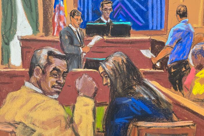 Sean Combs reacts as the jury foreperson and courtroom deputy read verdicts of the five counts against him during Combs' sex trafficking trial in New York City in this courtroom sketch. The music mogul was found guilty of two counts of transportation to engage in prostitution but acquitted of sex trafficking and racketeering conspiracy.