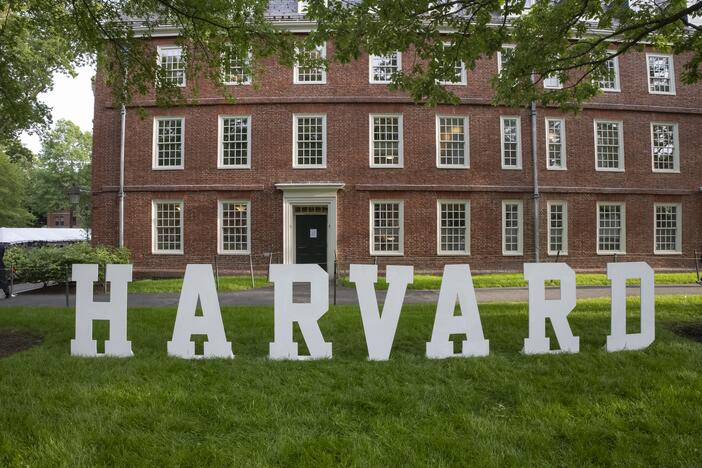 A Harvard sign is seen at Harvard University's campus in May.