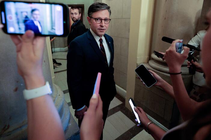 Speaker of the House Mike Johnson (R-LA) speaks with reporters as he returns to his office after going to the House Rules Committee as it holds a hearing to consider the One, Big, Beautiful Bill Act at the U.S. Capitol on July 01, 2025, in Washington, D.C.