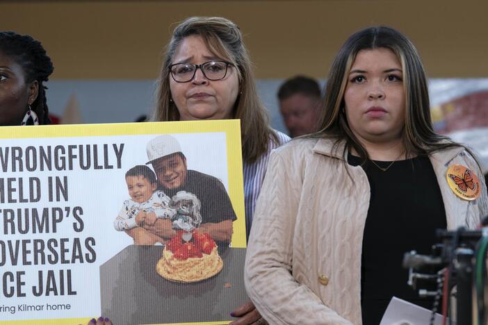 Jennifer Vasquez Sura (right), the wife of Kilmar Abrego Garcia, who was mistakenly deported to El Salvador, stands with supporters during a news conference at CASA's Multicultural Center in Hyattsville, Md., on April 4.