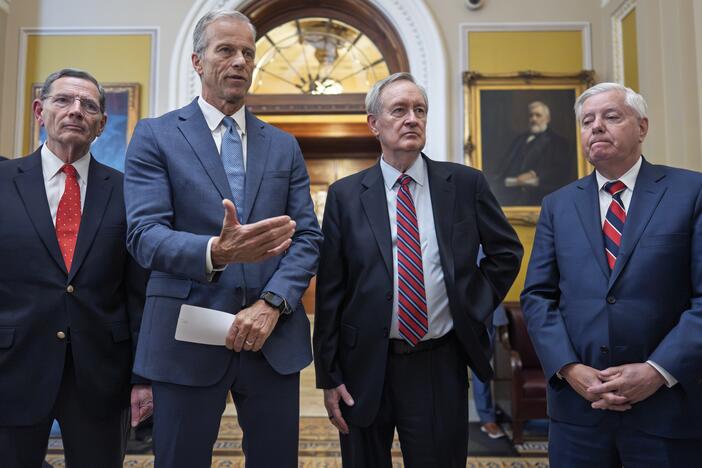 Senate Majority Leader John Thune, R-S.D., (center) joined from left by Sen. John Barrasso, R-Wyo., the GOP whip, Mike Crapo, R-Idaho, and Budget Committee Chairman Lindsey Graham, R-S.C., speaks after Senate passage of the "One Big Beautiful Bill." Millions are estimated to lose health care if the bill becomes law.