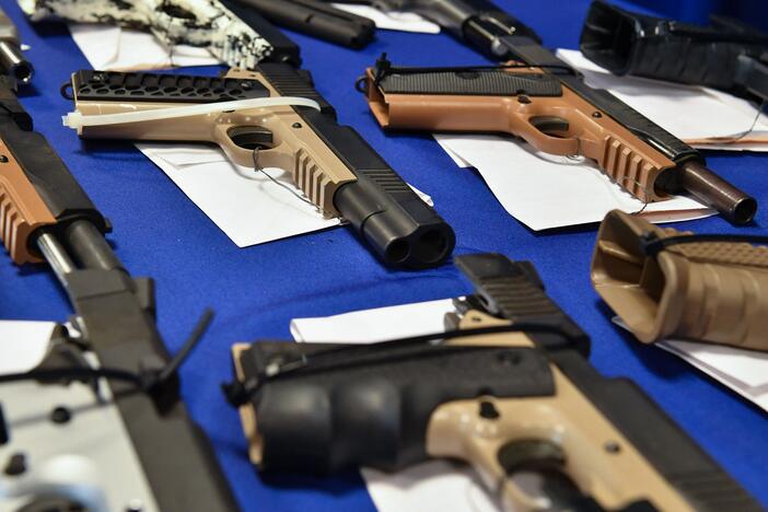 "Ghost guns" seized in federal law enforcement actions are displayed at the Bureau of Alcohol, Tobacco, Firearms and Explosives field office in Glendale, Calif., in April 2022.