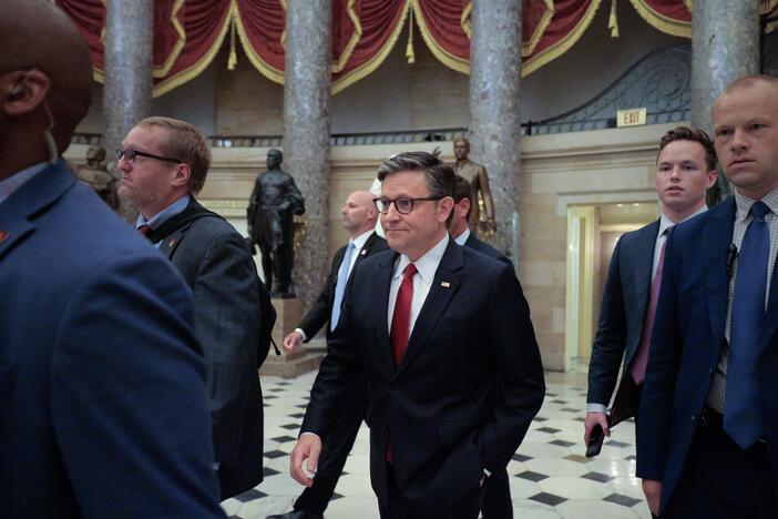 Speaker of the House Mike Johnson (R-LA) is surrounded by security and staff as he heads to the House Chamber for a procedural vote on the One Big Beautiful Bill Act in the U.S. Capitol on July 02 in Washington, D.C.