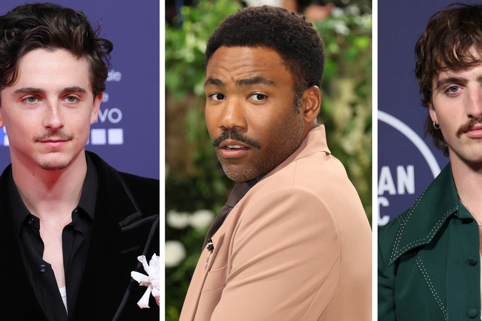 Timothée Chalamet, Donald Glover and Benson Boone sporting just a mustache, no beard.
