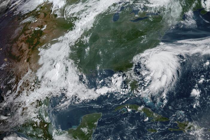 This image provided by NOAA shows Tropical Storm Chantal forming off the coast of the Carolinas on Saturday, July 5, 2025.