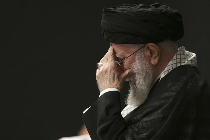 Iranian Supreme Leader Ayatollah Ali Khamenei attends a mourning ceremony commemorating the death anniversary of the Prophet Muhammad's grandson, in Tehran, Iran, on Saturday.