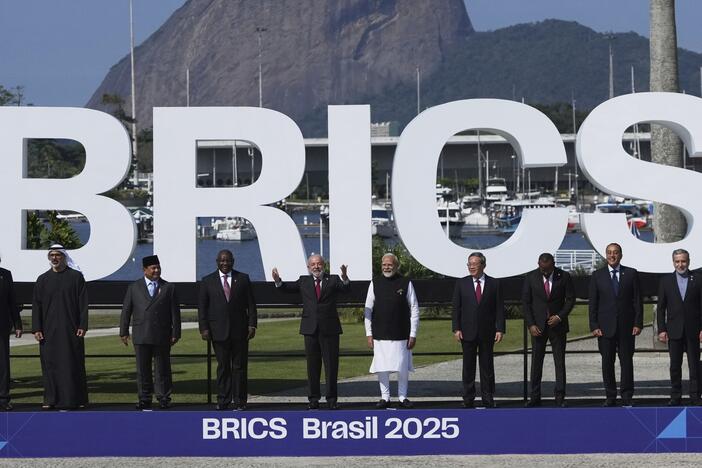 World leaders pose for a group photo at the 17th annual BRICS summit in Rio de Janeiro, Sunday, July 6, 2025.