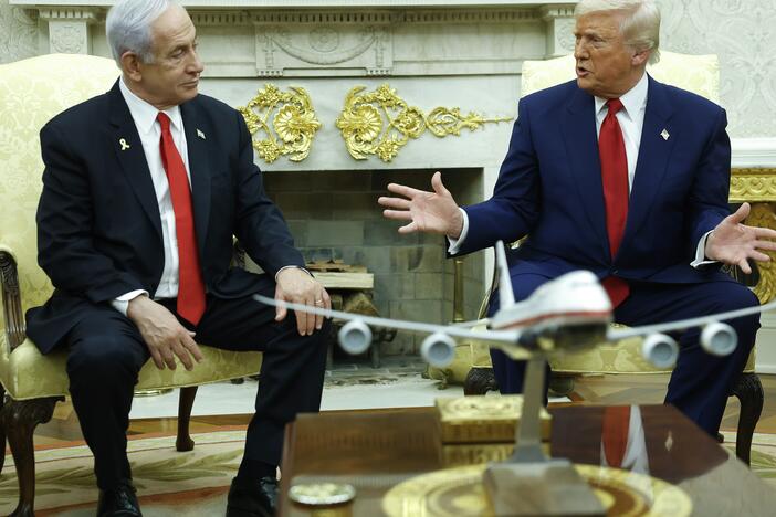 President Donald Trump speaks alongside Israeli Prime Minister Benjamin Netanyahu during a meeting in the Oval Office of the White House on April 7, 2025, in Washington, D.C. Netanyahu and Trump are to meet again on Monday.