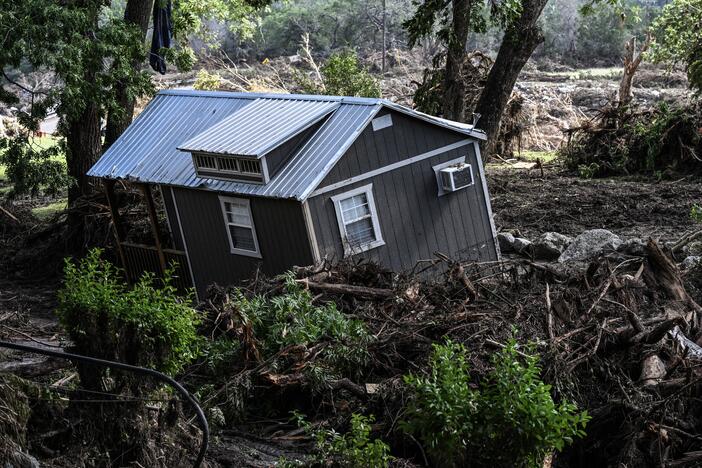 A damaged house is seen near the Guadalupe River in Hunt, Texas, on July 8, following severe flash flooding over the July 4 holiday weekend.