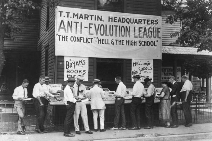 Anti-evolution books on sale in Dayton, Tenn., where teacher John Scopes was put on trial for teaching evolution in the famous 1925 "Monkey Trial."