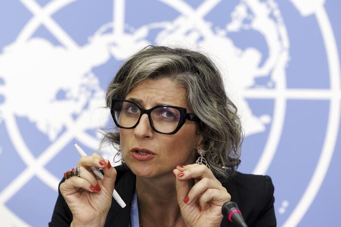 Francesca Albanese, Special Rapporteur on the situation of human rights in the Palestinian territories occupied since 1967, talks to the media during a press conference at the European headquarters of the United Nations in Geneva, Switzerland, July 11, 2023.