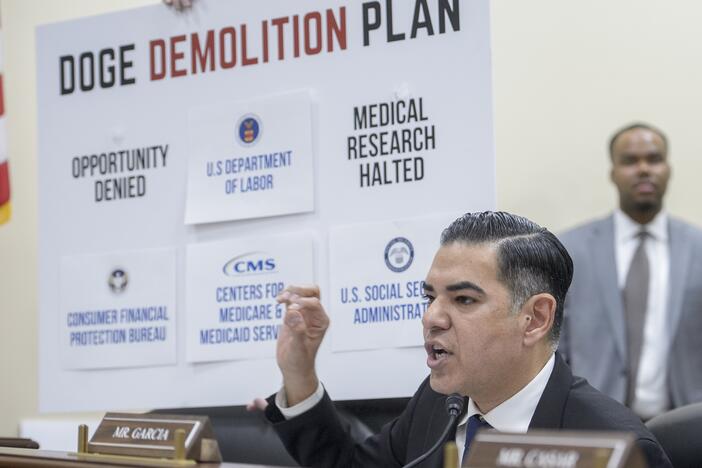 Rep. Robert Garcia, D-Calif., questions witnesses during a House Oversight and Government Reform subcommittee hearing on Feb. 12, 2025, on Capitol Hill.
