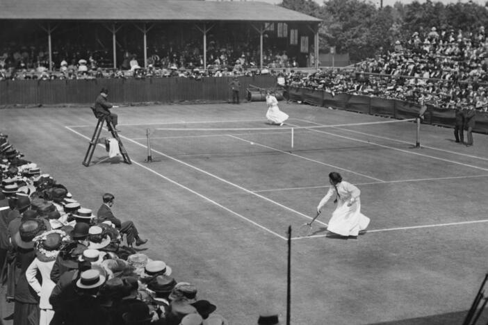 Edith Johnson and Dorothea Lambert Chambers face off in the 1910 Wimbledon tournament in London. Lawn tennis — the game we know today — started in the late 19th century but has its roots in a medieval sport.