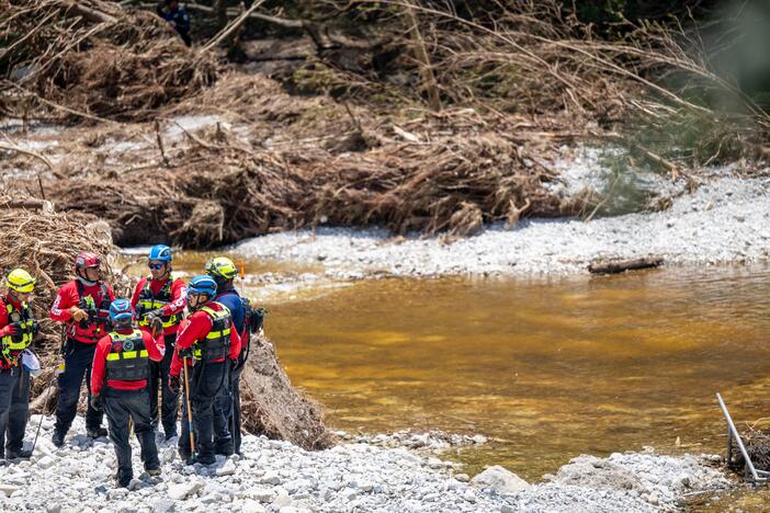 Fire Station Acuna Mexico performs search and rescue operations in the Guadalupe River near Camp Mystic on July 10 in Hunt, Texas.