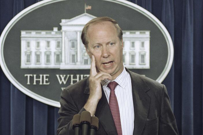 David Gergen answers a reporter's question in the briefing room of the White House in Washington on June 7, 1993.