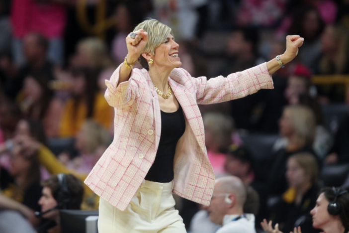 Head coach Jan Jensen of the Iowa Hawkeyes, at Carver-Hawkeye Arena on February 23, 2025 in Iowa City, Iowa. (Photo by Matthew Holst/Getty Images)