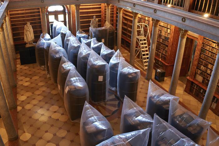 Books are kept in hermetically sealed plastic sacks for disinfection, at the Pannonhalma Archabbey's library in Pannonhalma, Hungary on July 3.