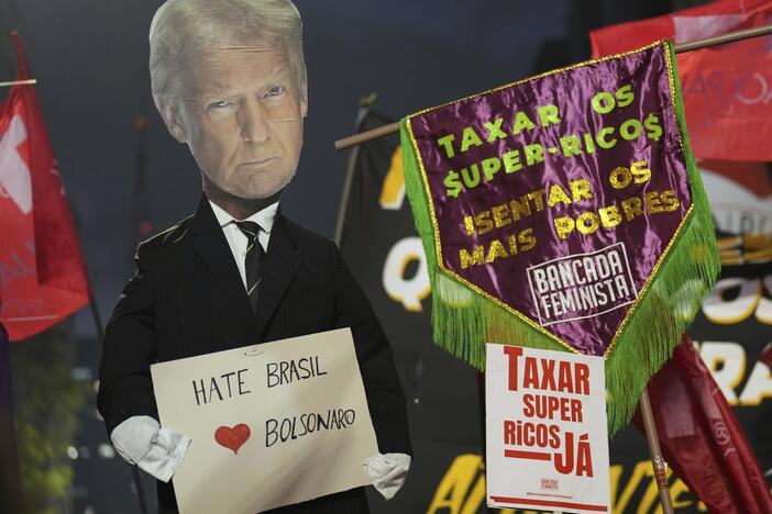 Protesters hold up an effigy of U.S. President Donald Trump in response to Trump's announcement of 50% tariffs on Brazilian goods, in Sao Paulo, Thursday, July 10.