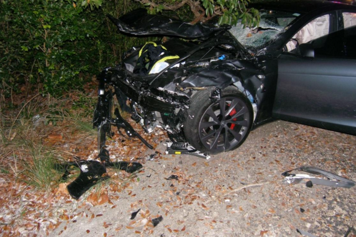 A Tesla Model S in the aftermath of a fatal crash in April 2019 near Key Largo, Fla. The driver survived, but the impact killed a 22-year-old woman and severely injured her companion.