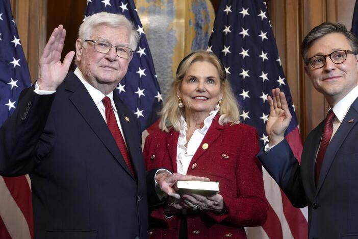 GOP Rep. Hal Rogers of Kentucky, left, poses during a ceremonial swearing-in with House Speaker Mike Johnson, a Republican from Louisiana, at the U.S. Capitol in January. On Monday, Rogers led Republican members of the House Appropriations Committee in releasing one of the latest bills in Congress that call for excluding millions of people living in the states without U.S. citizenship from a set of census counts that the 14th Amendment says must include the "whole number of persons in each state."