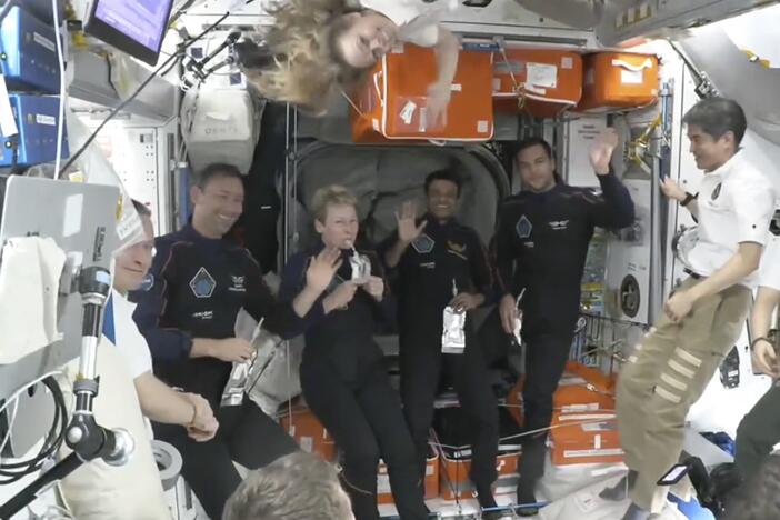 This image provided by NASA shows Axiom Space crew members from the Ax-4 mission from second left, Poland's Slawosz Uznanski-Wisniewski, Axiom Space's Peggy Whitson, India's Shubhanshu Shukla and Hungary's Tibor Kapu aboard the International Space Station, on June 26, 2025.