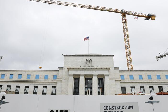Construction work is done around the Federal Reserve building in Washington, D.C., on Sept. 17, 2024. The estimated cost of the project has jumped more than 30% in recent years, drawing criticism from the Trump administration and its allies.