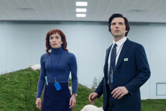 Britt Lower and Adam Scott in <em>Severance</em>. Both were nominated for Emmys Tuesday.