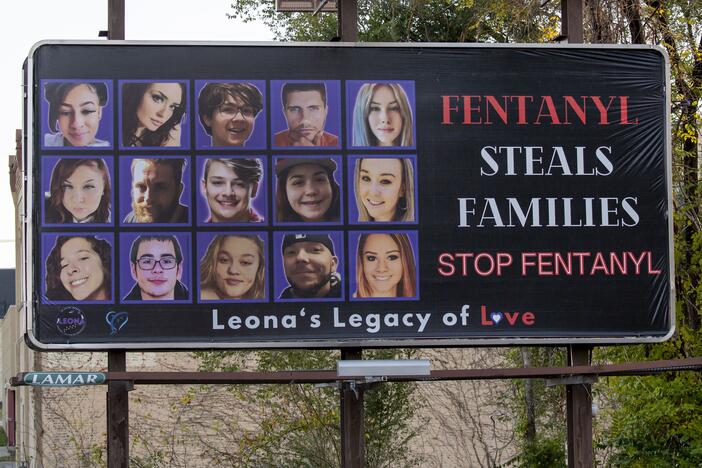 An anti-fentanyl sign in Leavenworth, Kansas. Kansas is one of 49 states that face funding delays for a key federal grant program used in the fight against fentanyl overdoses.