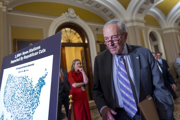 Senate Minority Leader Chuck Schumer, D-N.Y., arrives to speak with reporters about Senate Republicans' efforts to claw back $1.1 billion of funding authority from the Corporation for Public Broadcasting and about $8.3 billion from foreign aid programs targeted by DOGE, at the Capitol in Washington, Tuesday, July 15, 2025.